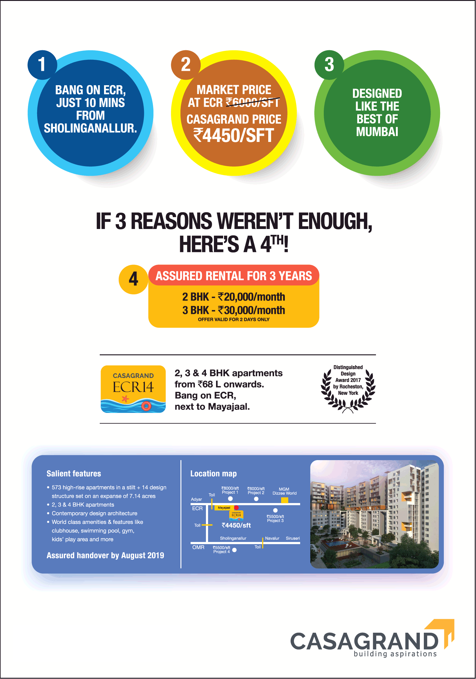 Avail assured rental for 3 years at Casagrand ECR14 in Chennai